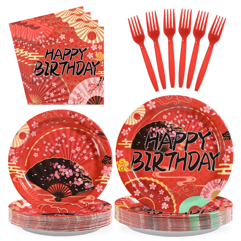 Grencian 96 Pcs Hibachi Party Decorations Folding Fans Birthday Party Supplies Disposable Japanese Fans Paper Plates Tableware for Birthday Hibachi Japanese Party Decorations Serves 24 - Image 1